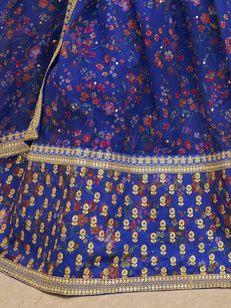 Wondrous Blue Digital Printed Organza Engagement Wear Lehenga Choli