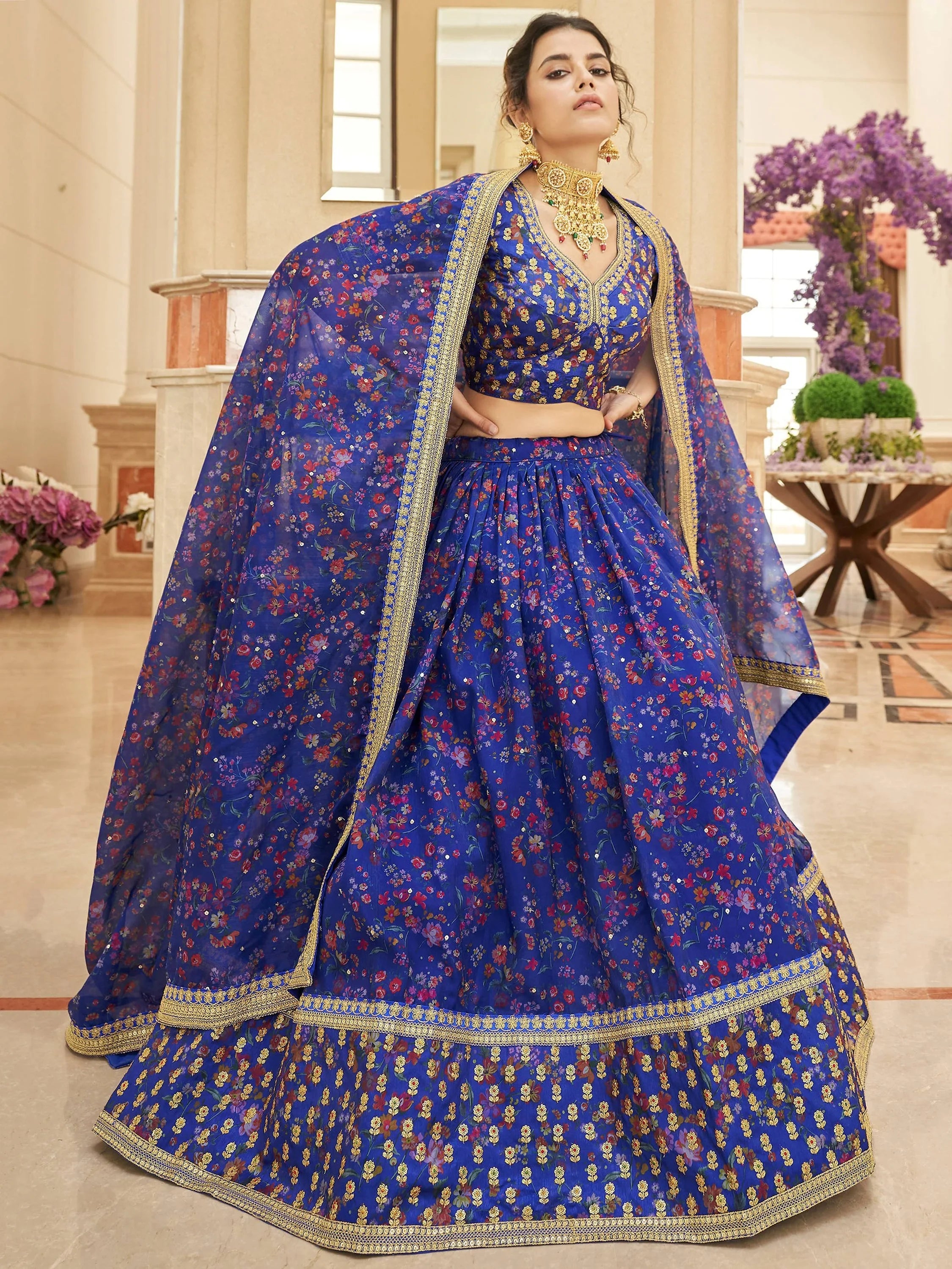 Majestic Blue Floral Printed Organza Bridesmaid Plus Size Lehenga Choli