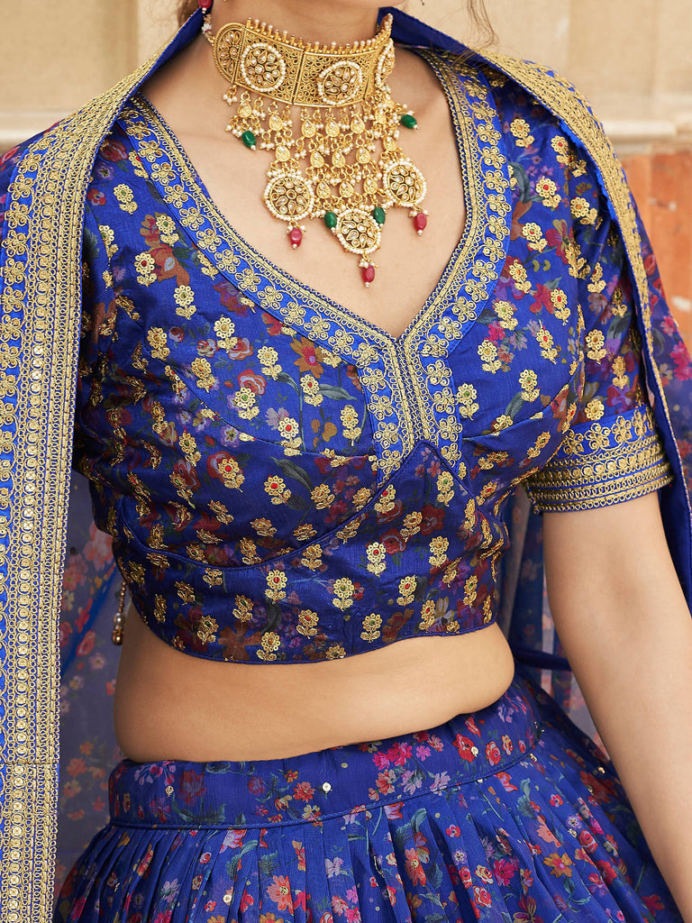 Wondrous Blue Digital Printed Organza Engagement Wear Lehenga Choli