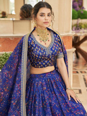 Wondrous Blue Digital Printed Organza Engagement Wear Lehenga Choli
