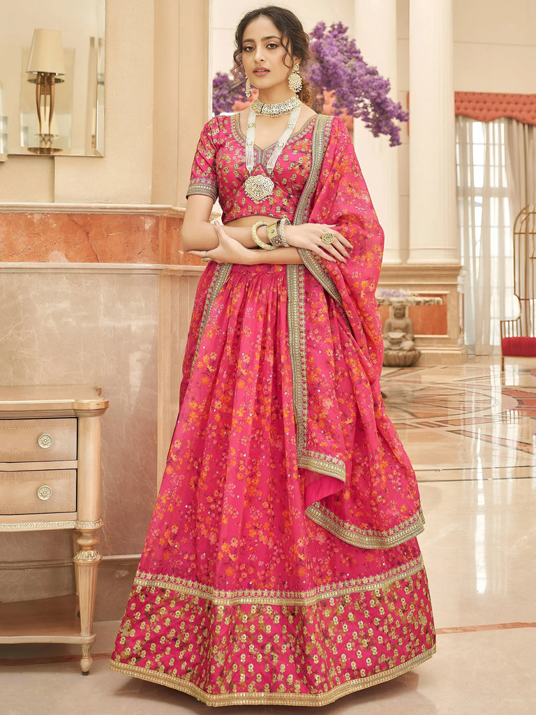 Phenomenal Pink Floral Printed Organza Reception Wear Lehenga Choli