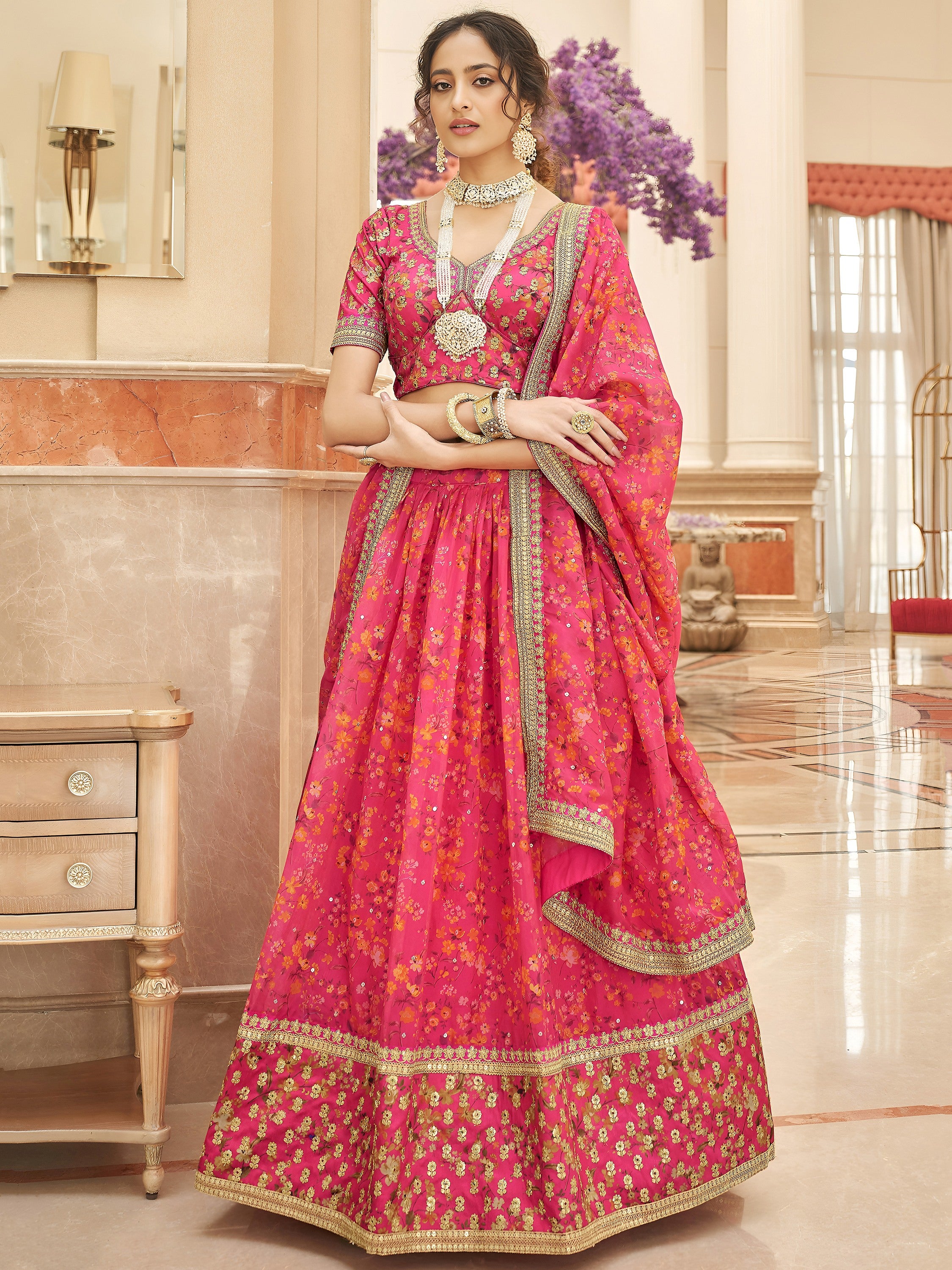 Phenomenal Pink Floral Printed Organza Reception Wear Lehenga Choli