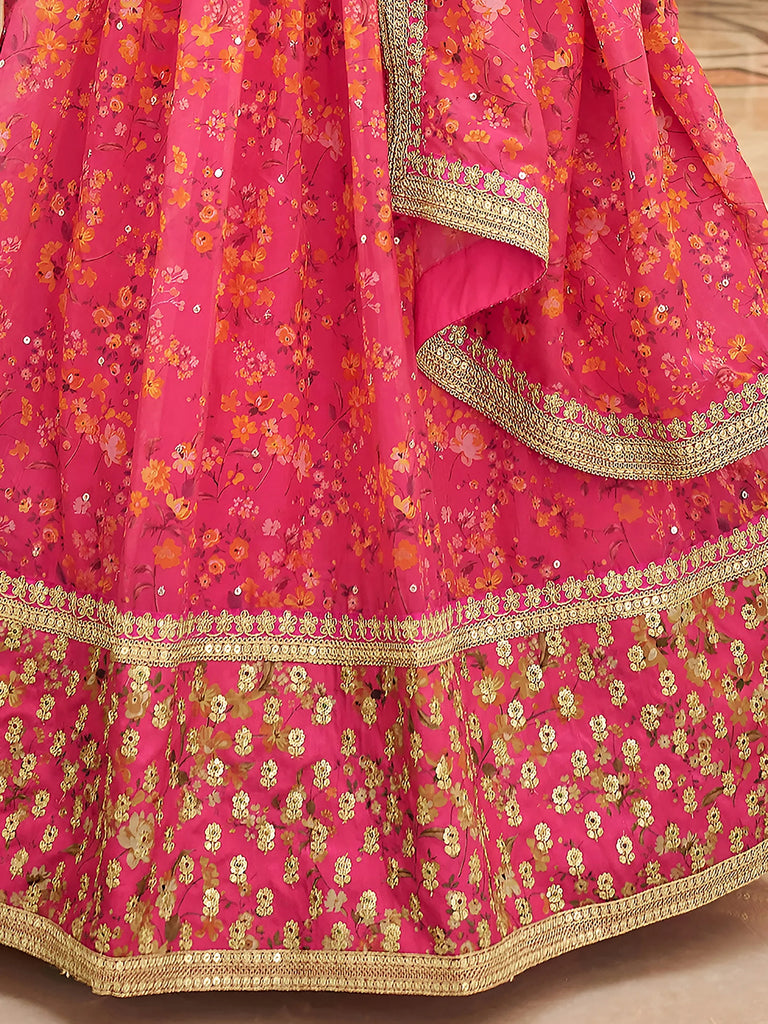 Phenomenal Pink Floral Printed Organza Reception Wear Lehenga Choli