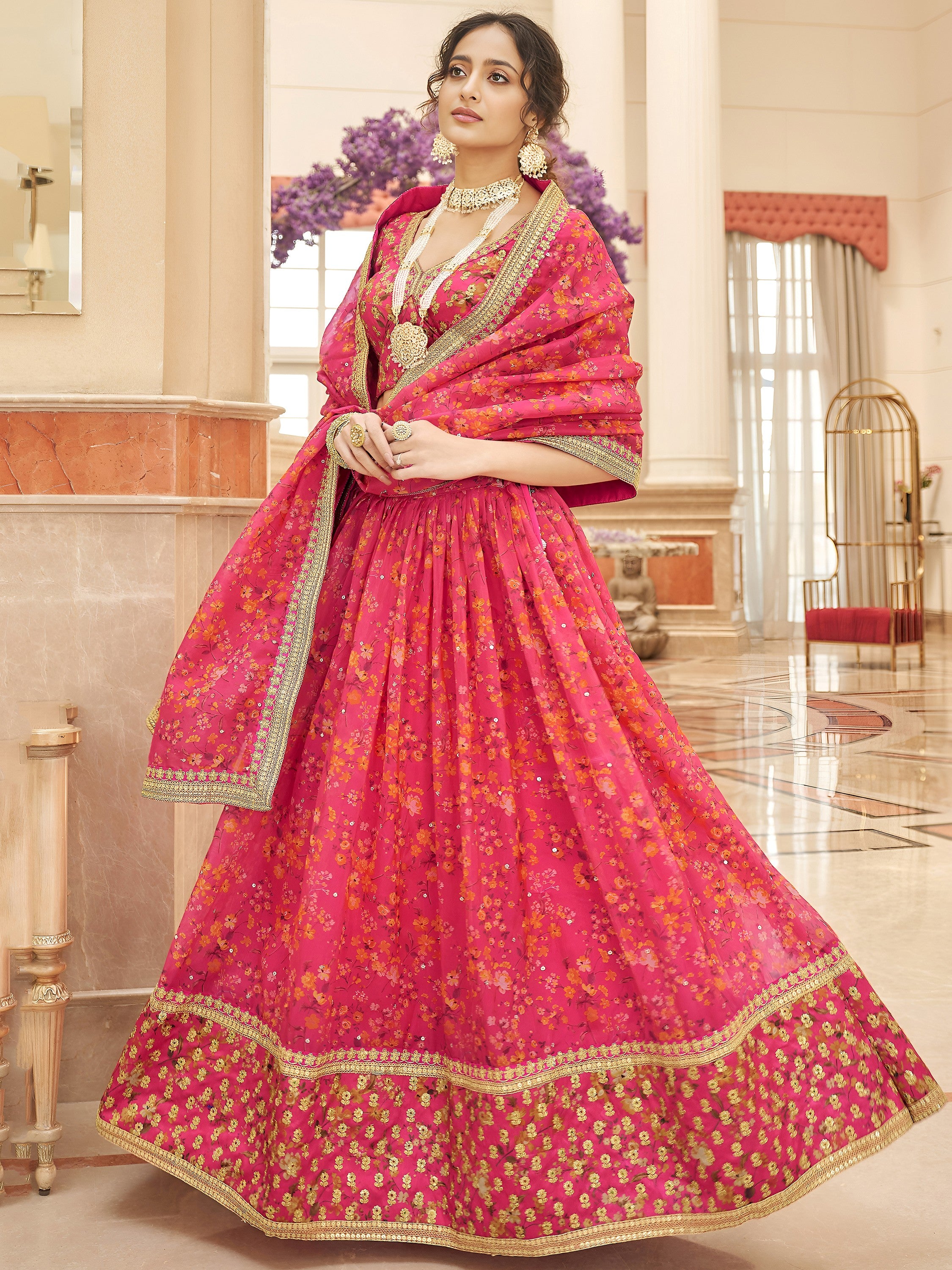 Marvelous Pink Embroidered Organza Wedding Wear Plus Size Lehenga Choli