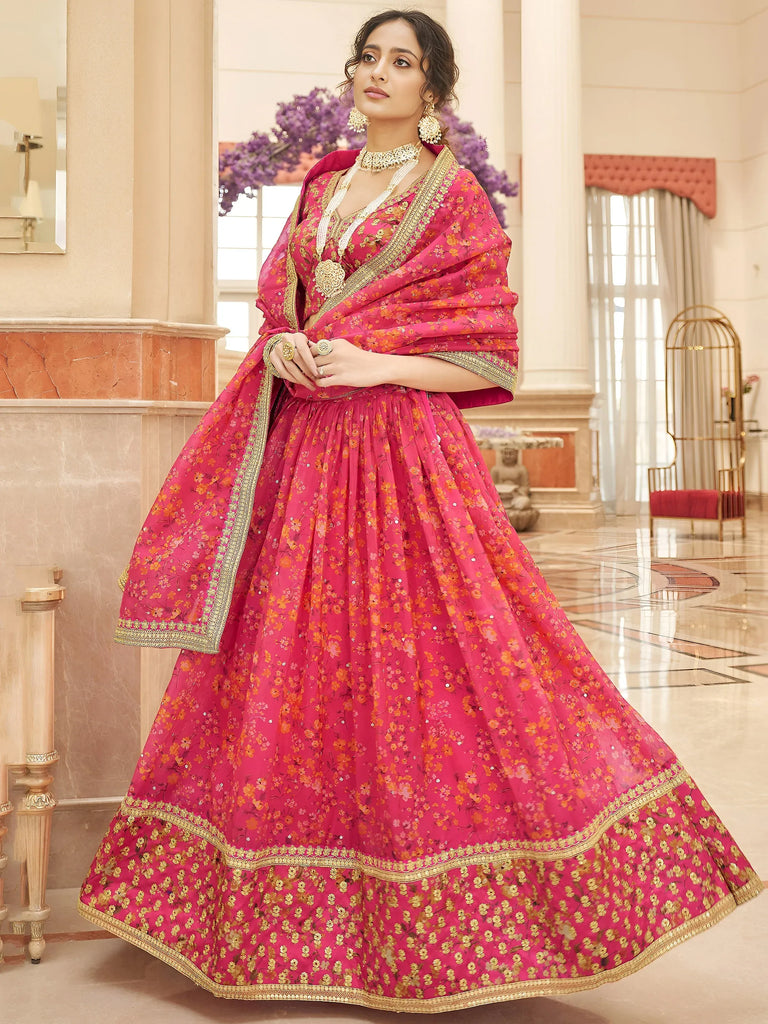 Phenomenal Pink Floral Printed Organza Reception Wear Lehenga Choli