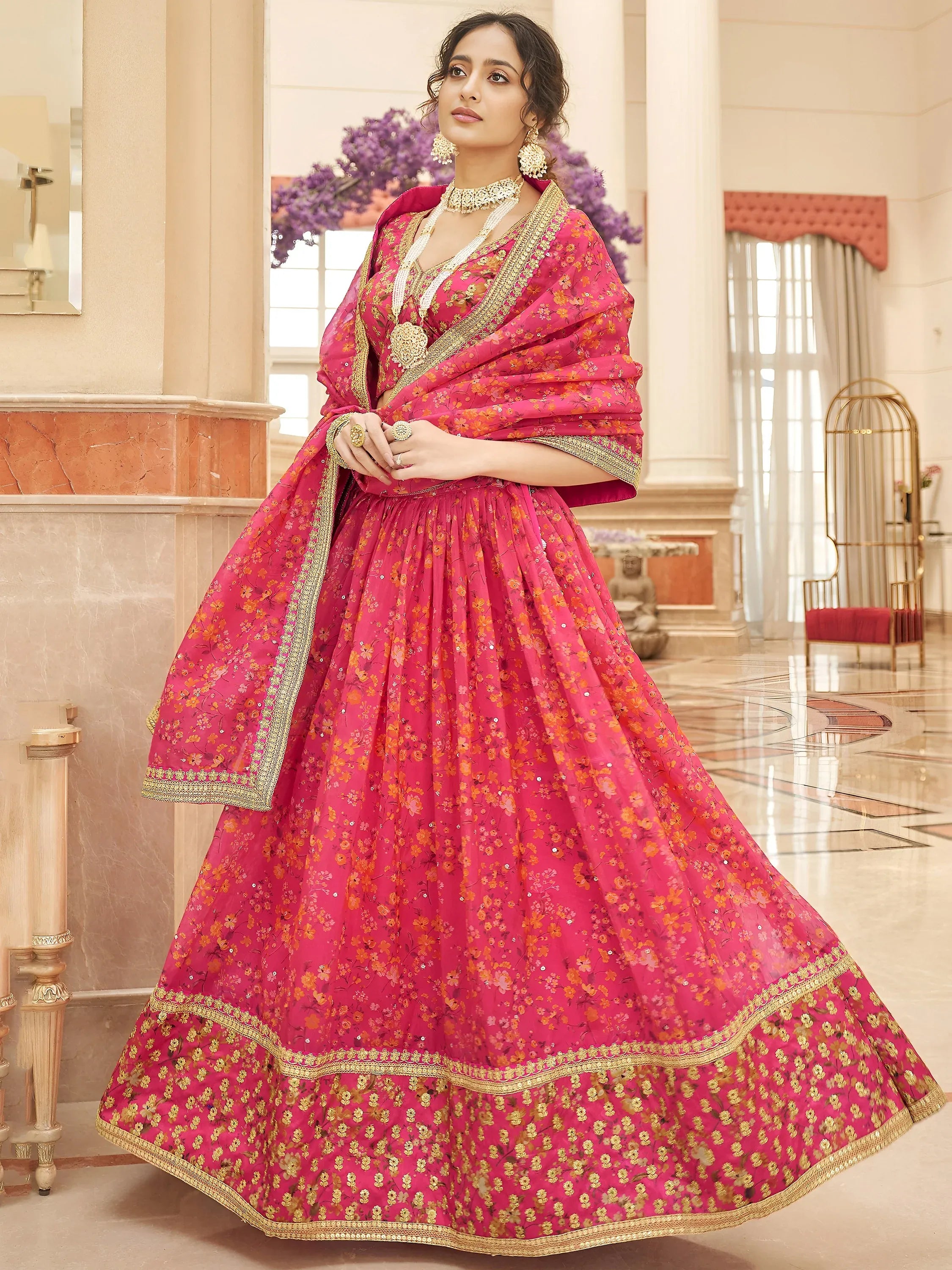 Phenomenal Pink Floral Printed Organza Reception Wear Lehenga Choli