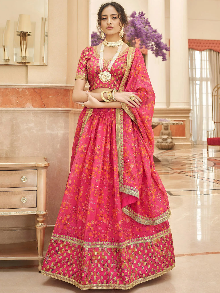 Phenomenal Pink Floral Printed Organza Reception Wear Lehenga Choli