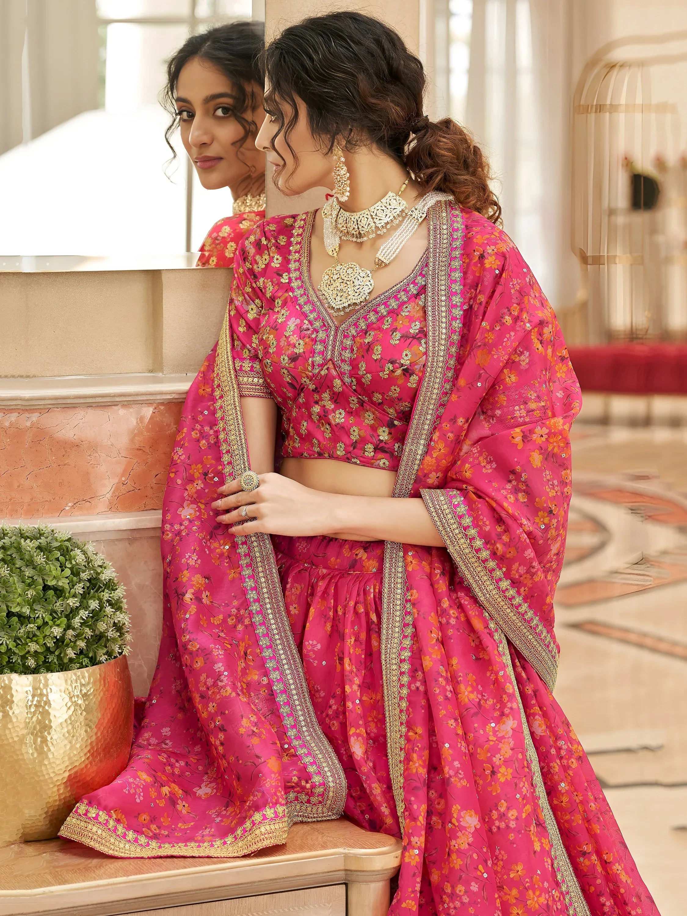 Phenomenal Pink Floral Printed Organza Reception Wear Lehenga Choli