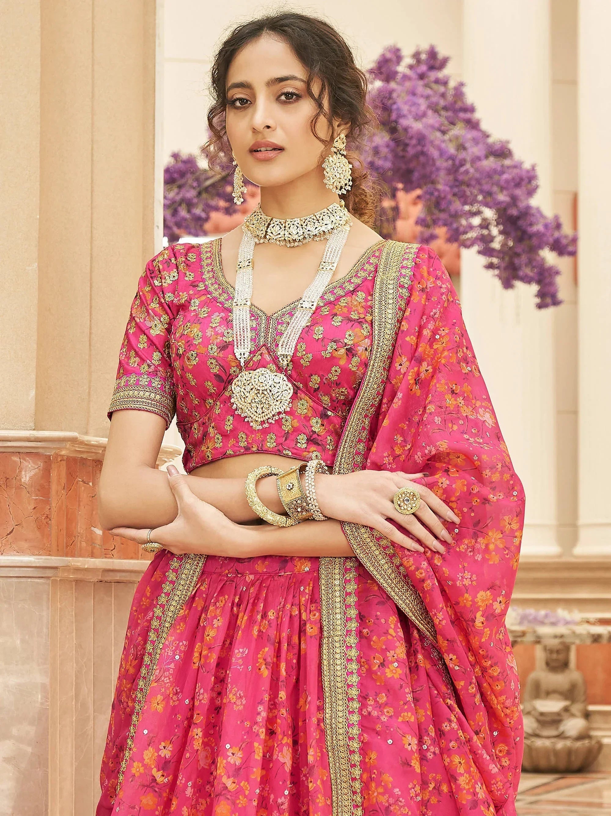 Phenomenal Pink Floral Printed Organza Reception Wear Lehenga Choli