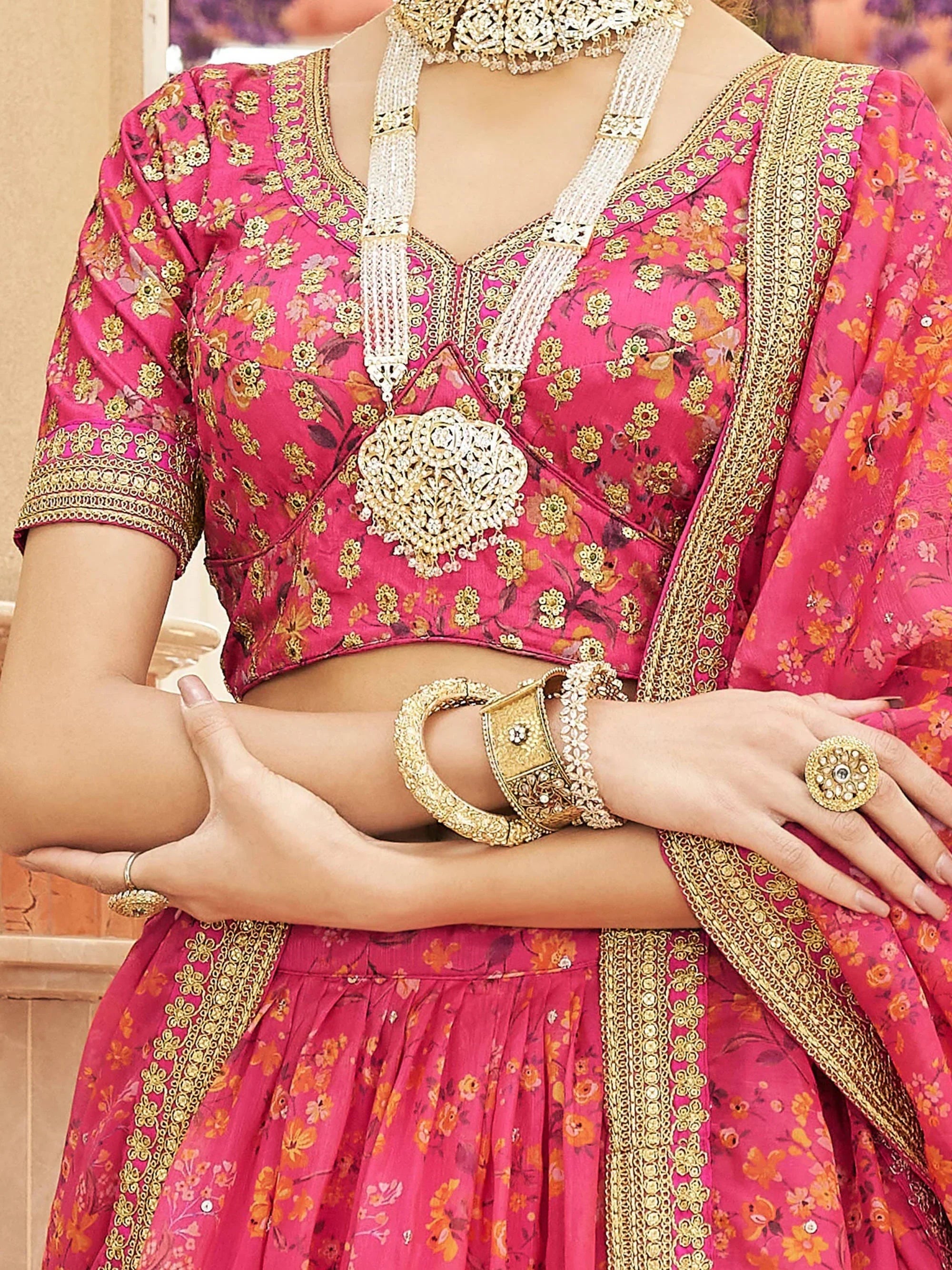 Phenomenal Pink Floral Printed Organza Reception Wear Lehenga Choli