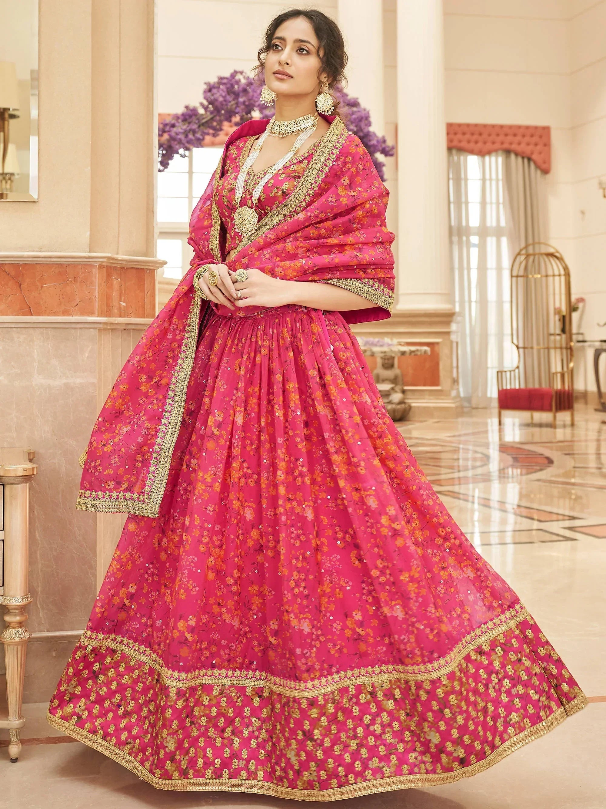 Phenomenal Pink Floral Printed Organza Reception Wear Lehenga Choli