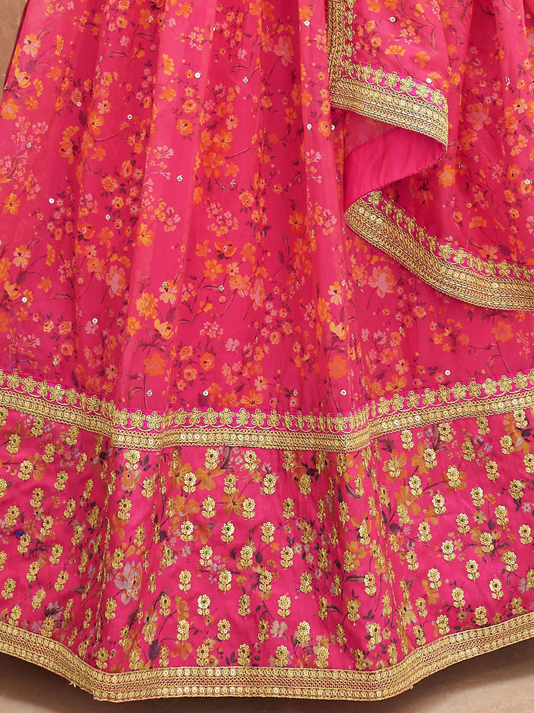 Phenomenal Pink Floral Printed Organza Reception Wear Lehenga Choli