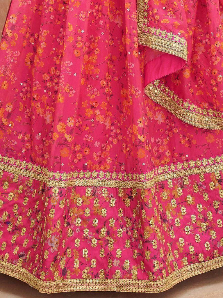 Phenomenal Pink Floral Printed Organza Reception Wear Lehenga Choli
