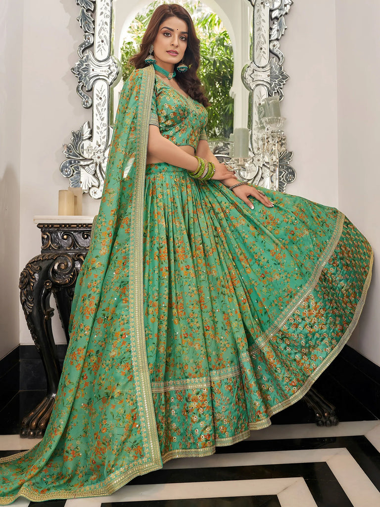 Mesmerizing Green Floral Printed Organza Mehendi wear Lehenga Choli