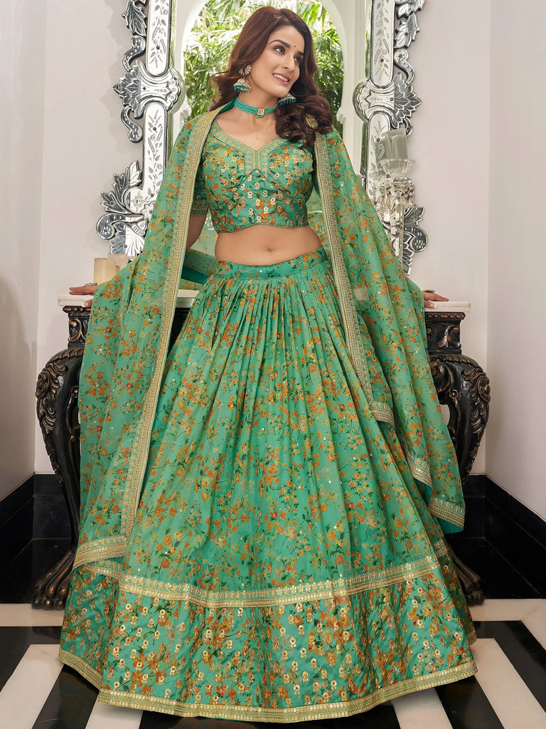 Mesmerizing Green Floral Printed Organza Mehendi wear Lehenga Choli