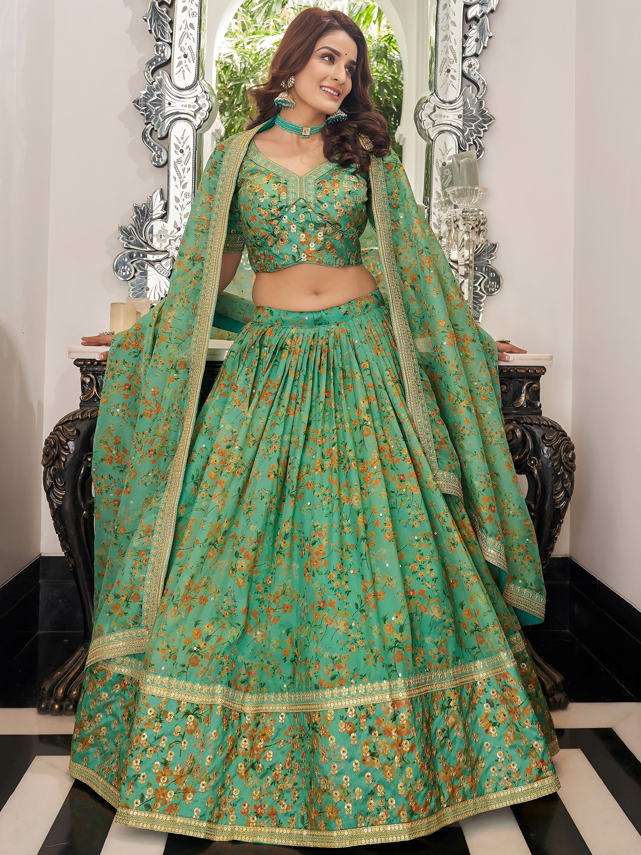 Mesmerizing Green Floral Printed Organza Mehendi wear Lehenga Choli