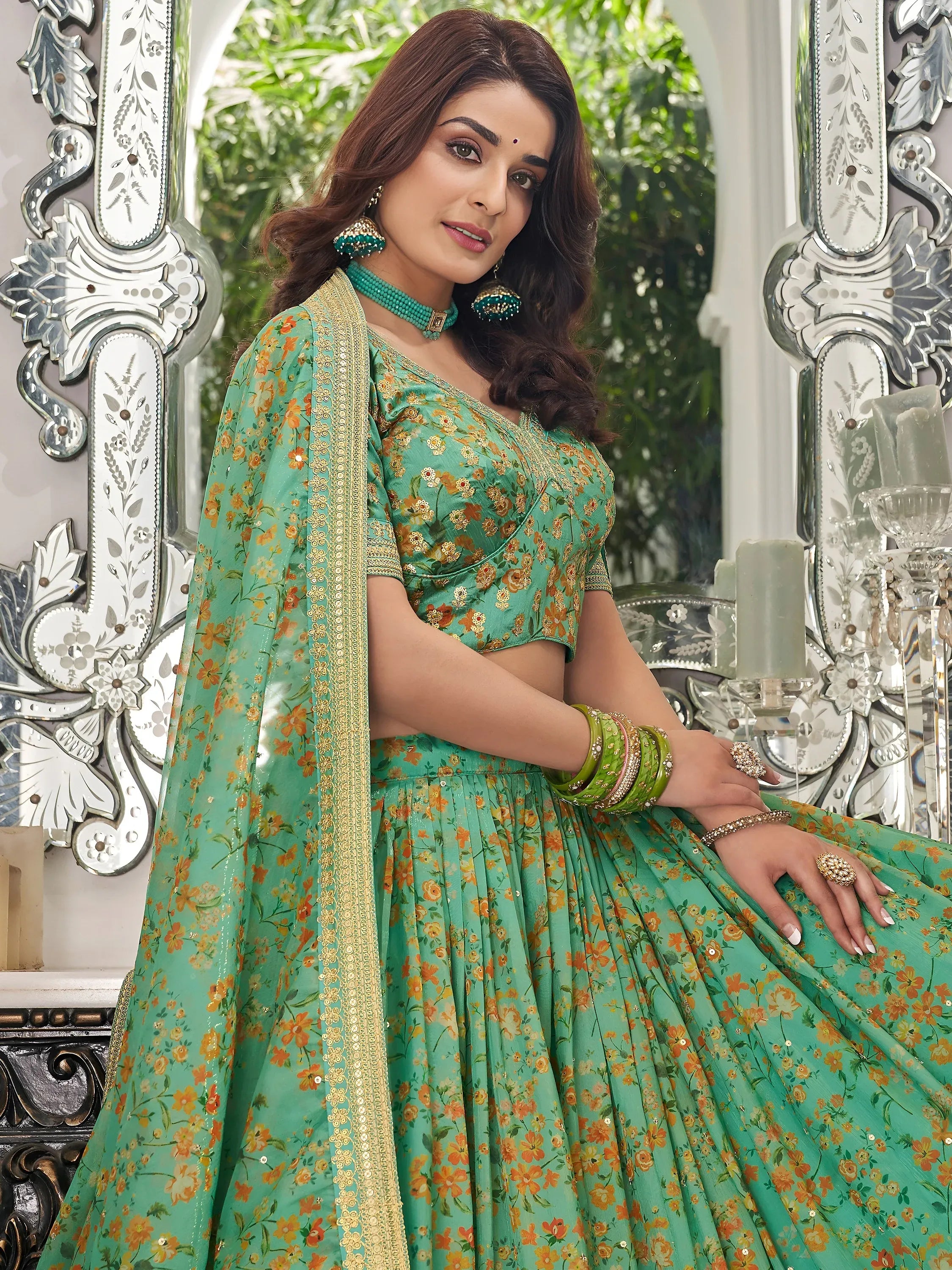 Mesmerizing Green Floral Printed Organza Mehendi wear Lehenga Choli