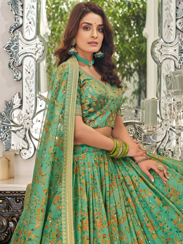 Mesmerizing Green Floral Printed Organza Mehendi wear Lehenga Choli