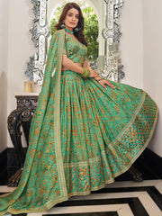 Mesmerizing Green Floral Printed Organza Mehendi wear Lehenga Choli