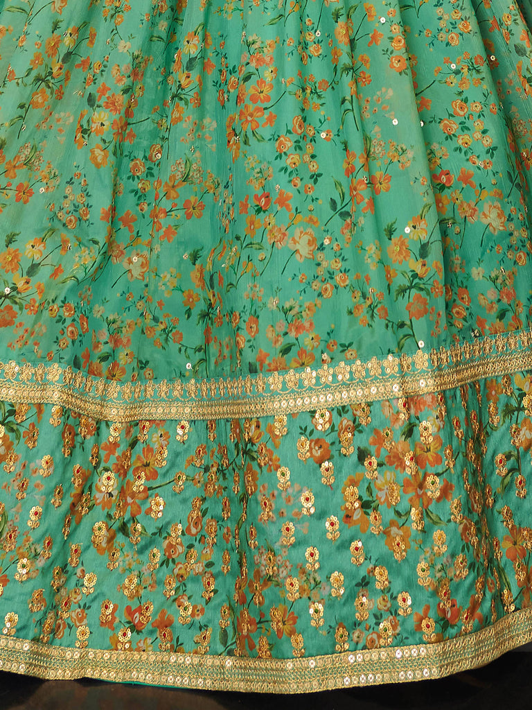 Mesmerizing Green Floral Printed Organza Mehendi wear Lehenga Choli