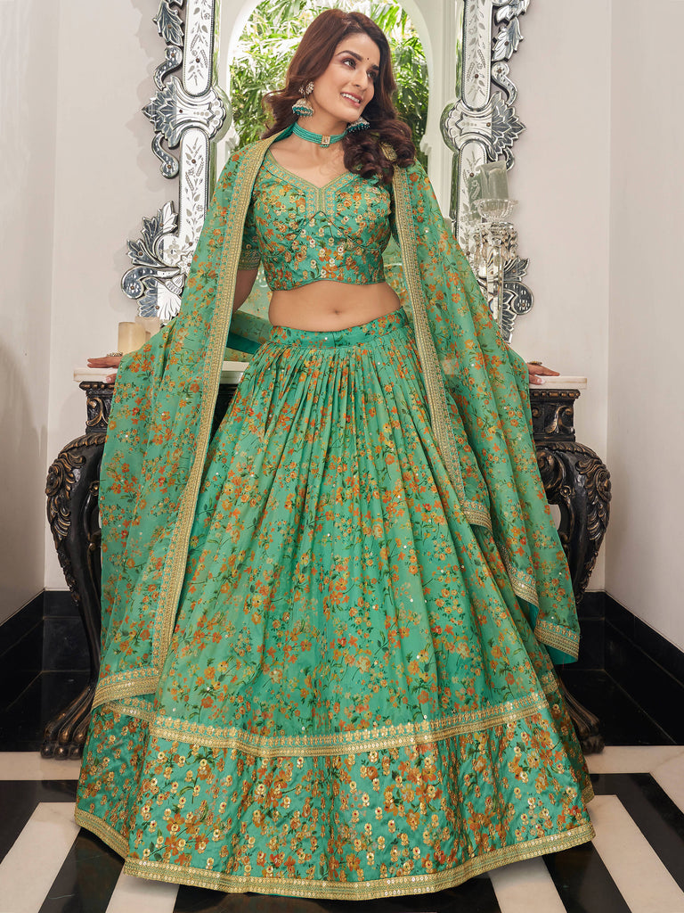 Mesmerizing Green Floral Printed Organza Mehendi wear Lehenga Choli