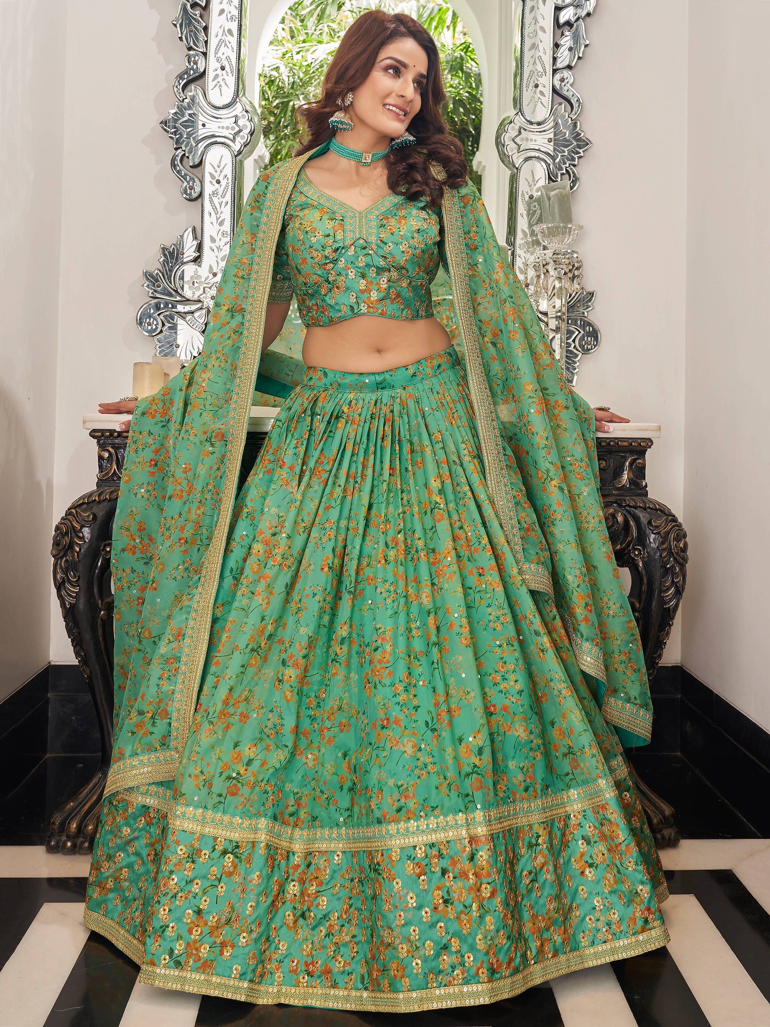 Mesmerizing Green Floral Printed Organza Mehendi wear Lehenga Choli