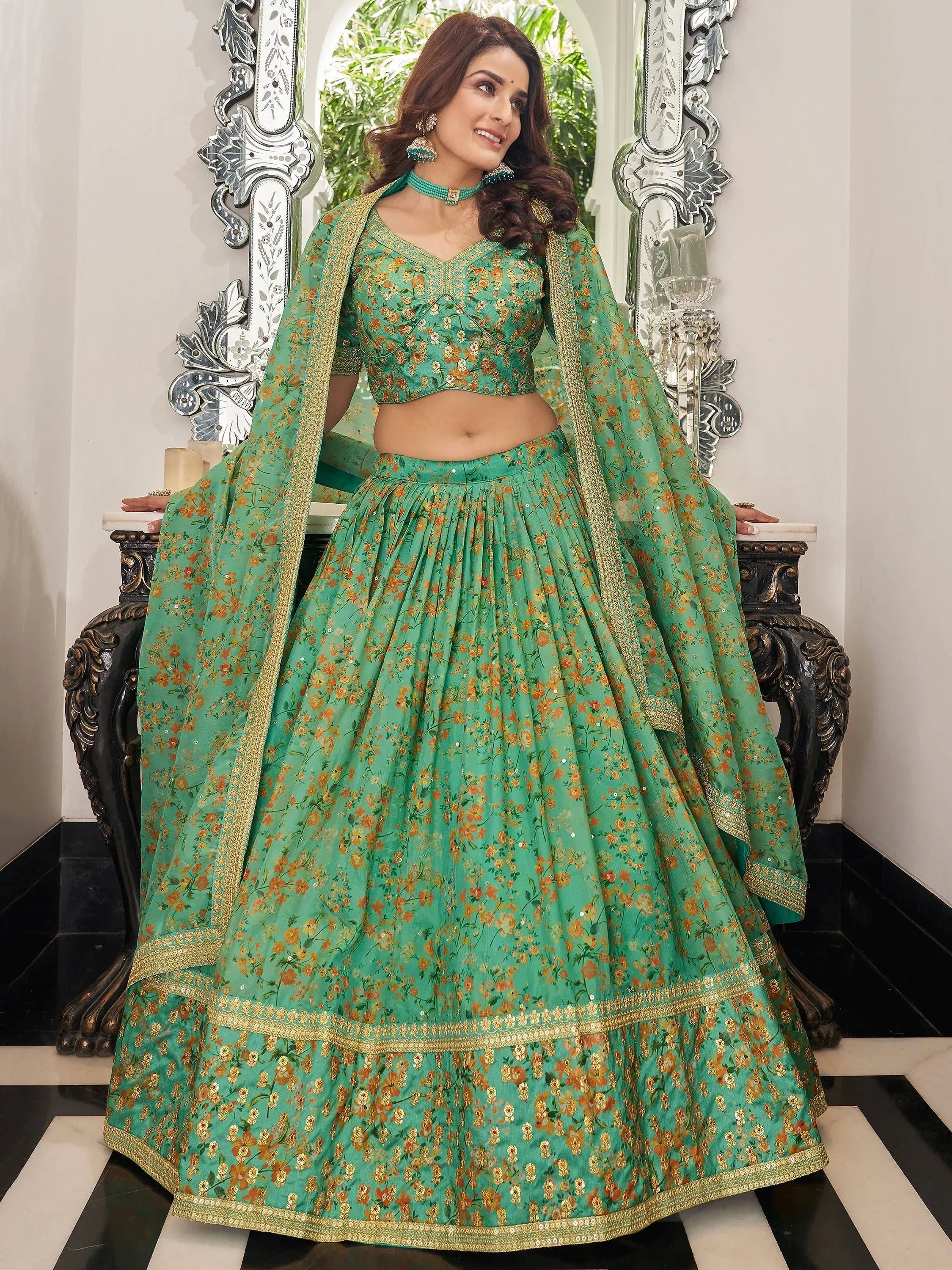 Artistic Green Embroidered Organza Function Wear Plus Size Lehenga Choli