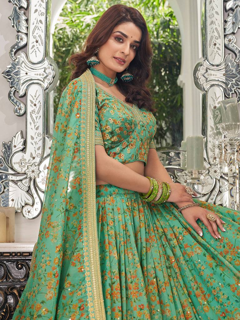 Mesmerizing Green Floral Printed Organza Mehendi wear Lehenga Choli