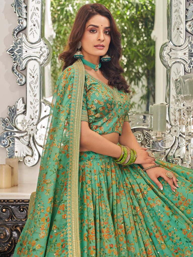 Mesmerizing Green Floral Printed Organza Mehendi wear Lehenga Choli