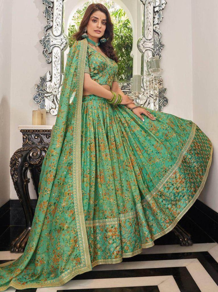 Mesmerizing Green Floral Printed Organza Mehendi wear Lehenga Choli