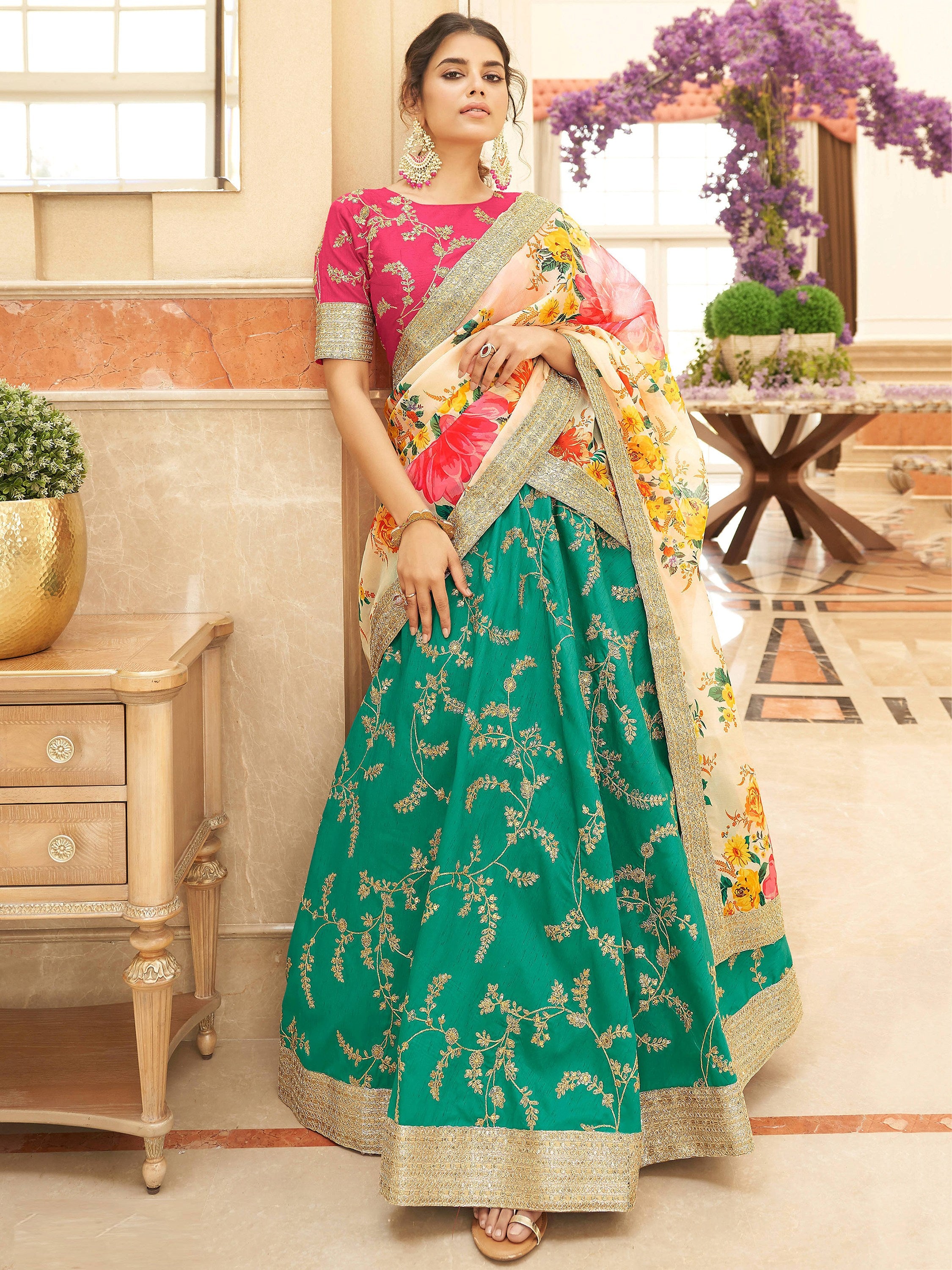 Classic Green Sequins Silk Engagement Wear Plus Size Lehenga Choli