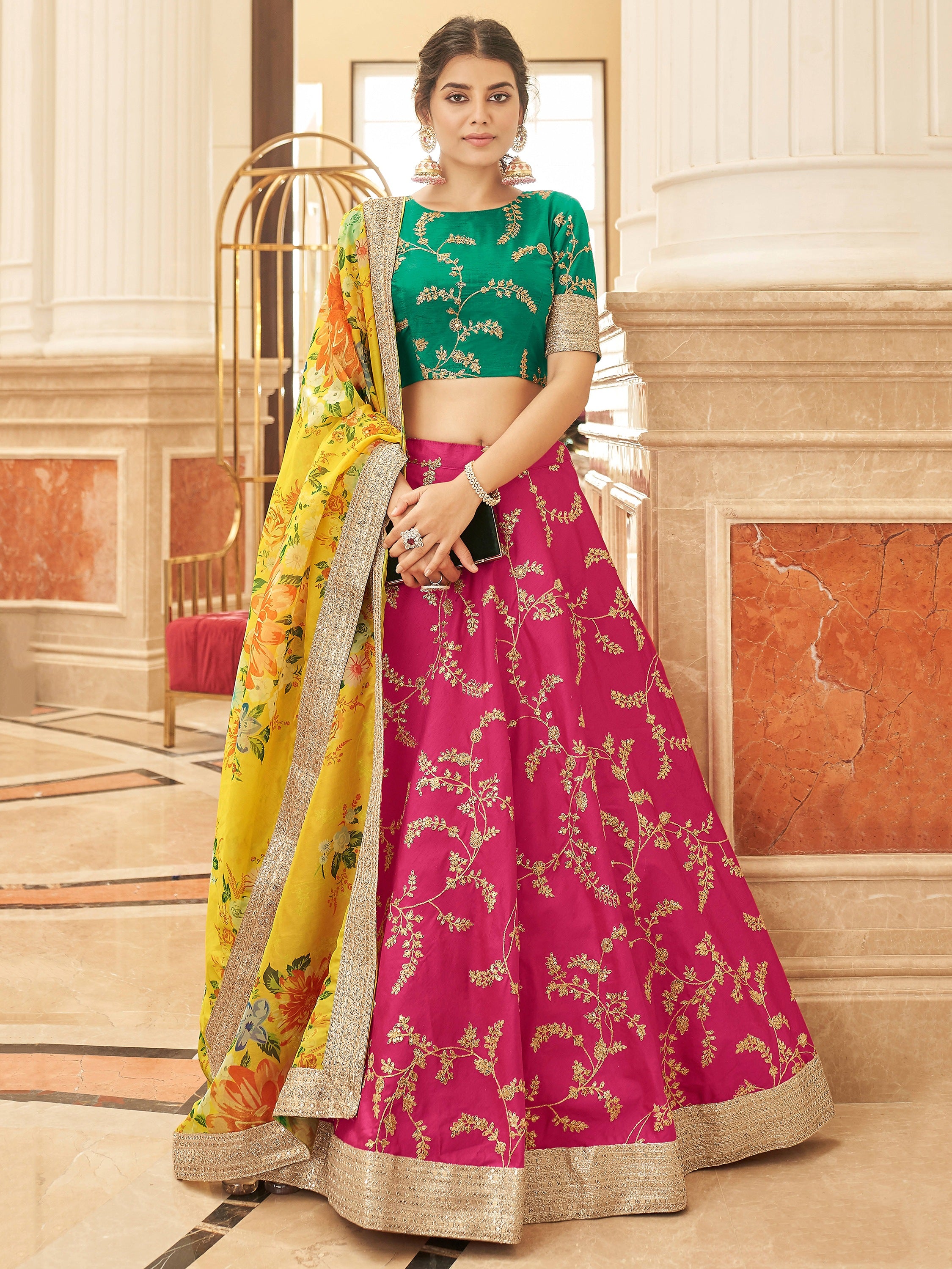 Stylish Pink Embroidered Silk Wedding Wear Plus Size Lehenga Choli