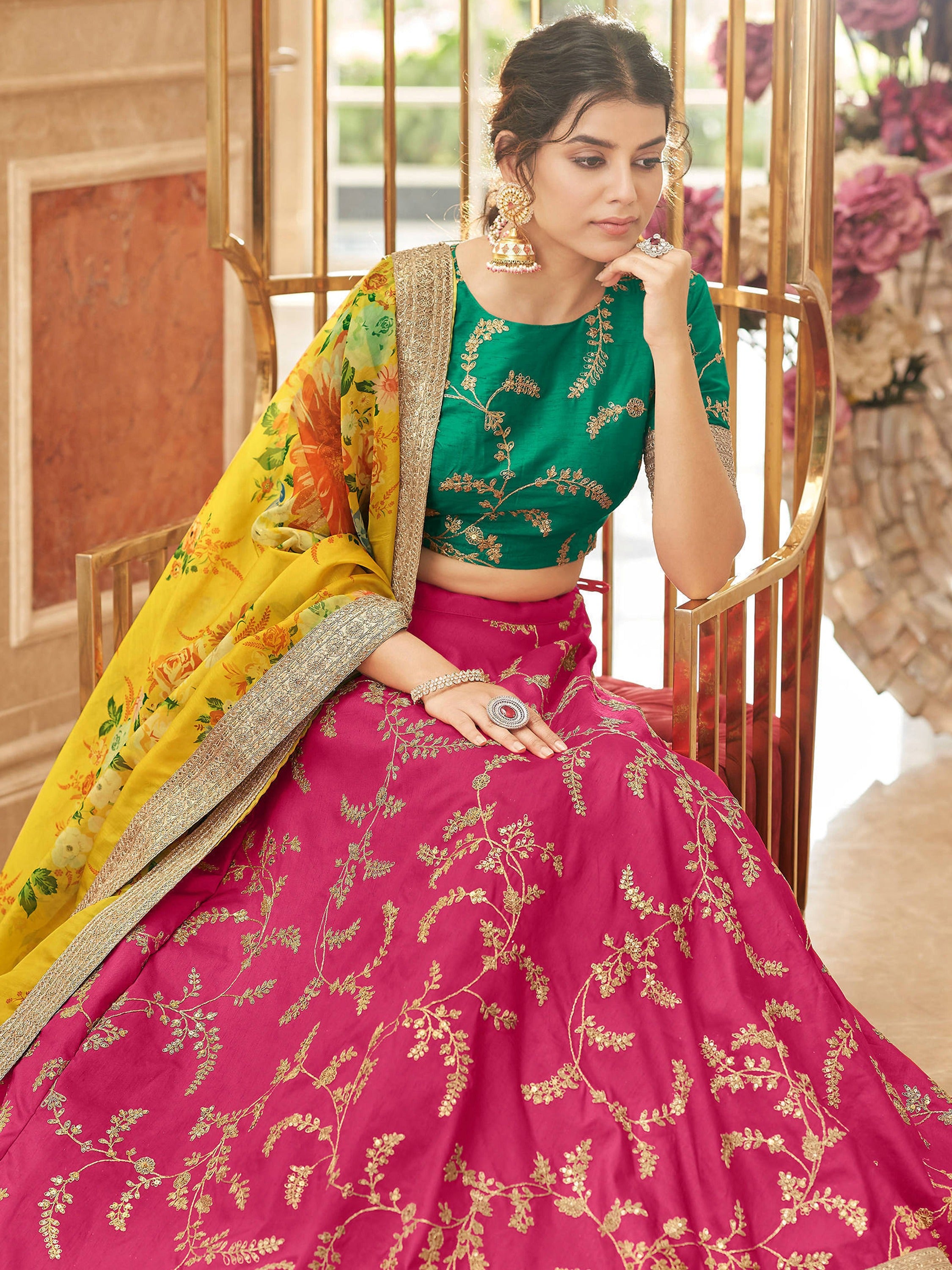 Stylish Pink Embroidered Silk Wedding Wear Plus Size Lehenga Choli
