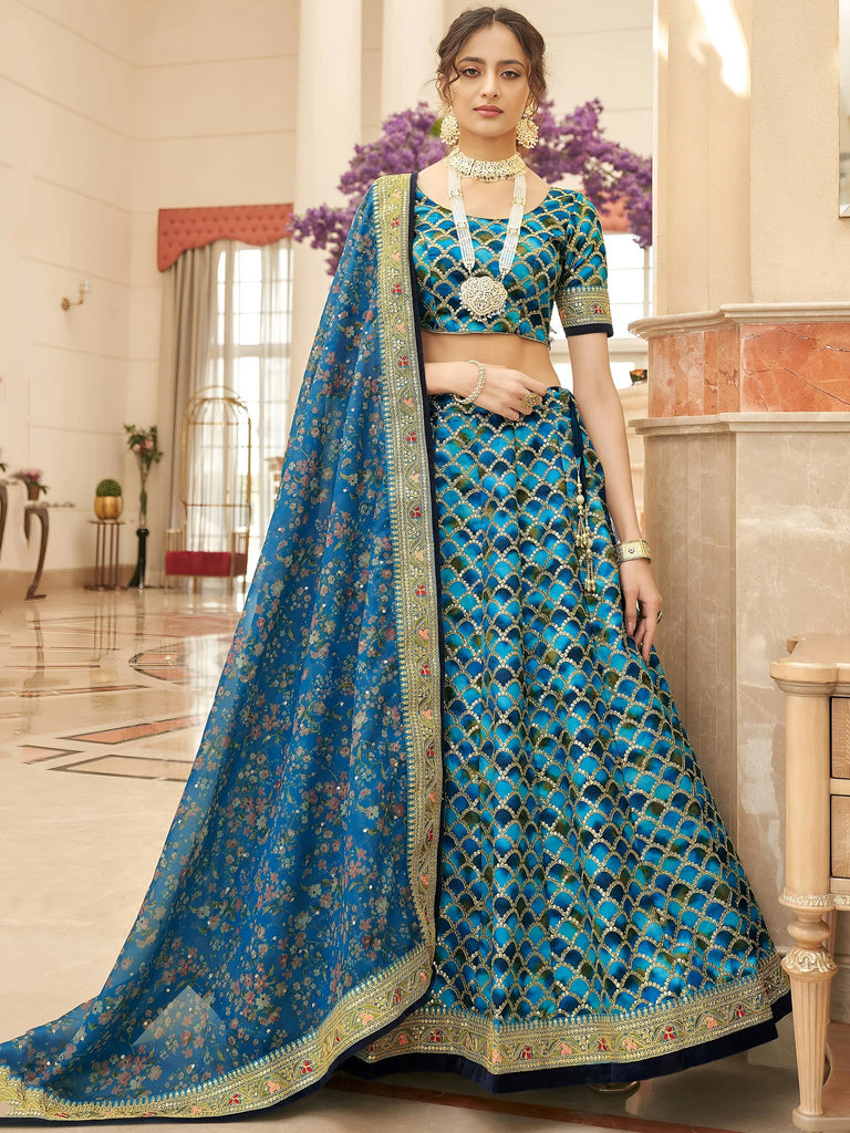 Spectacular Blue Sequins Work Art Silk Wedding Lehenga Choli