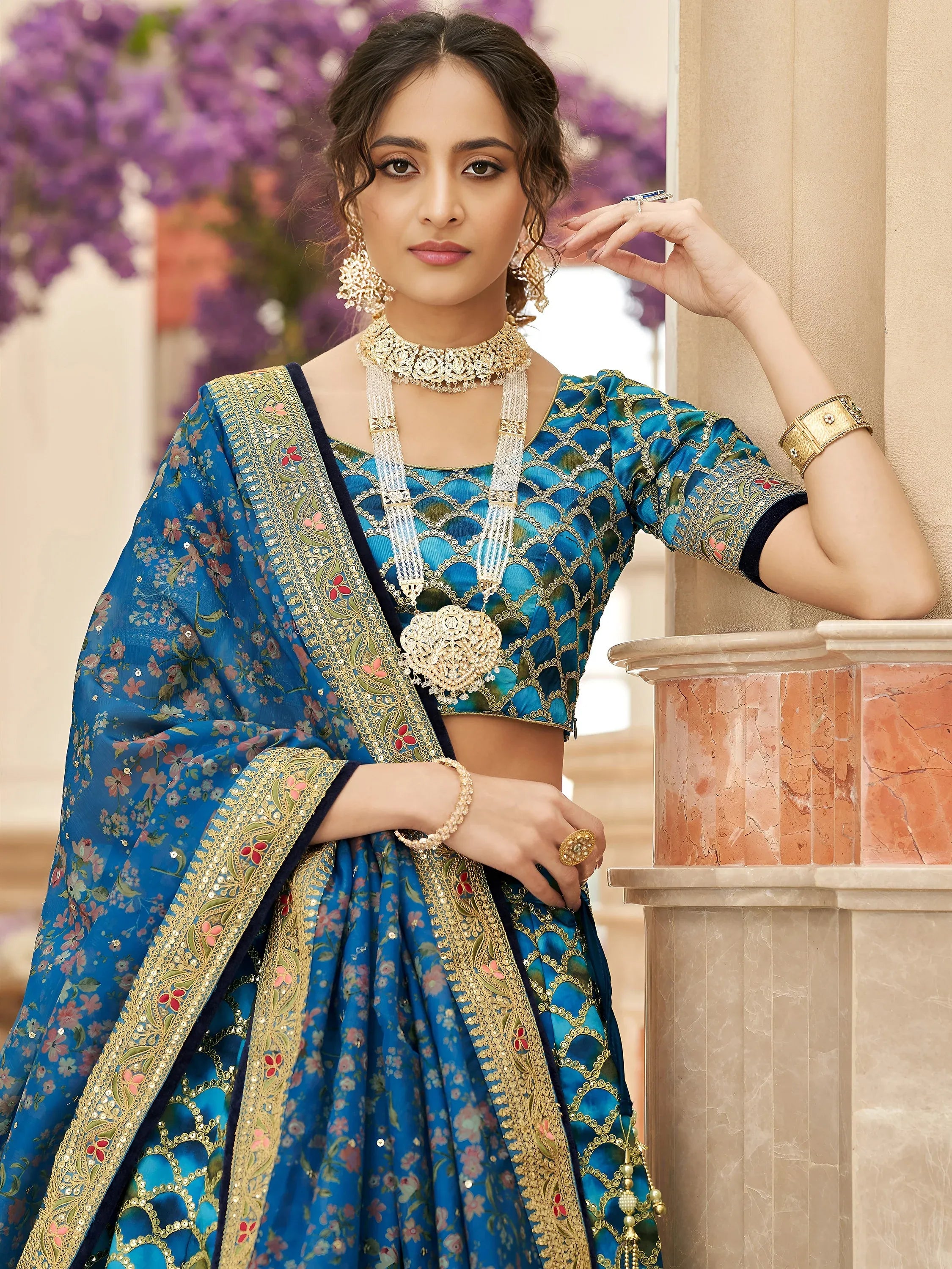 Spectacular Blue Sequins Work Art Silk Wedding Lehenga Choli