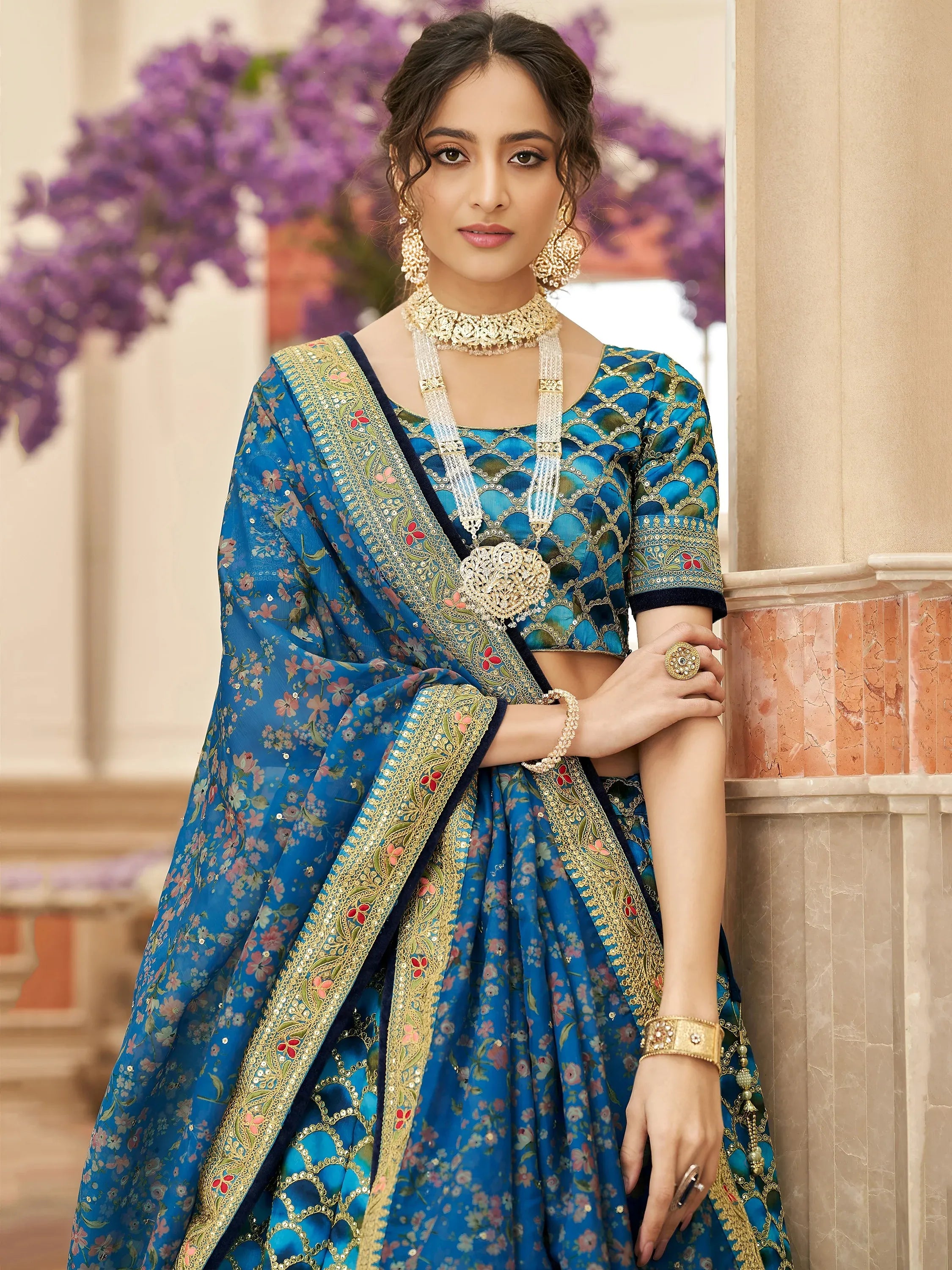 Spectacular Blue Sequins Work Art Silk Wedding Lehenga Choli