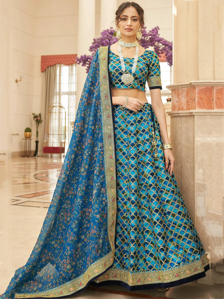 Spectacular Blue Sequins Work Art Silk Wedding Lehenga Choli