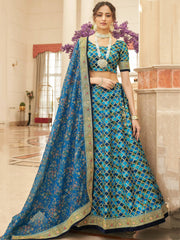Spectacular Blue Sequins Work Art Silk Wedding Lehenga Choli