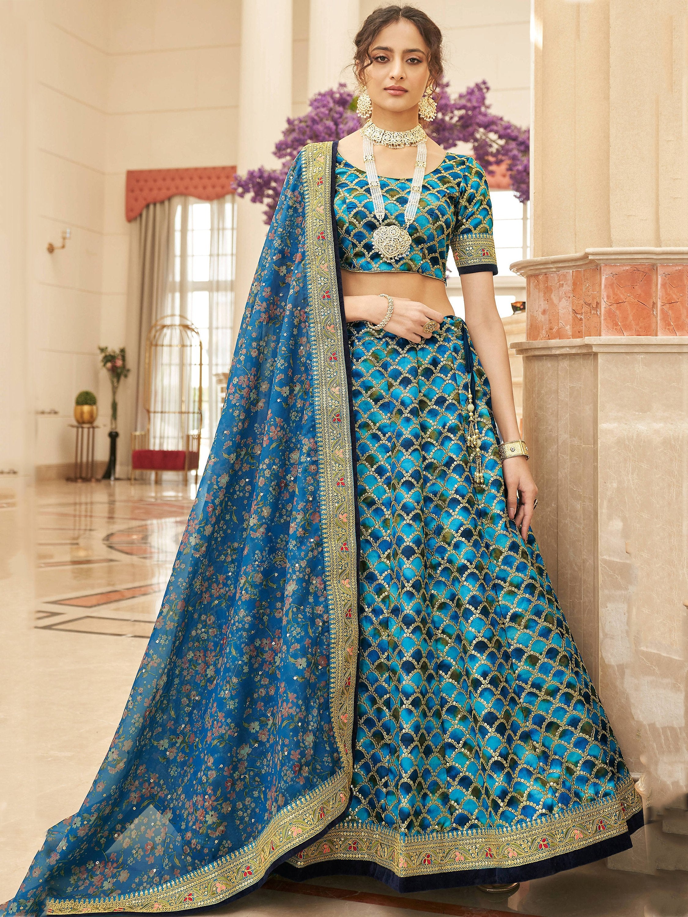 Elegant Blue Embroidered Silk Sangeet Wear Plus Size Lehenga Choli