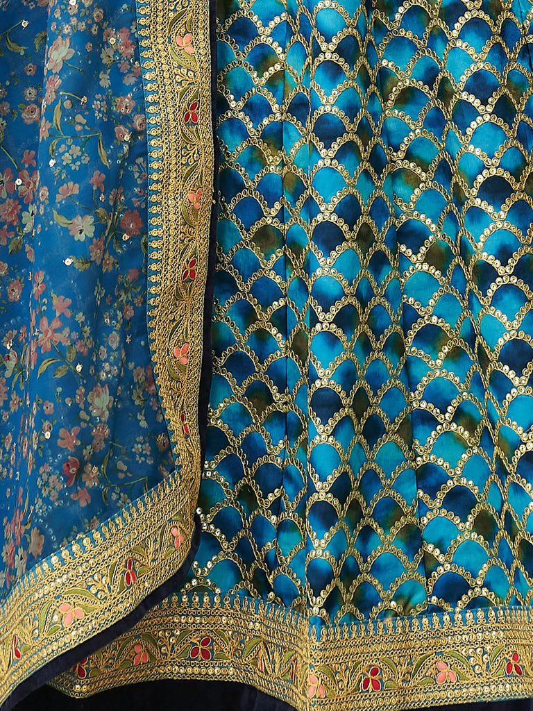 Spectacular Blue Sequins Work Art Silk Wedding Lehenga Choli