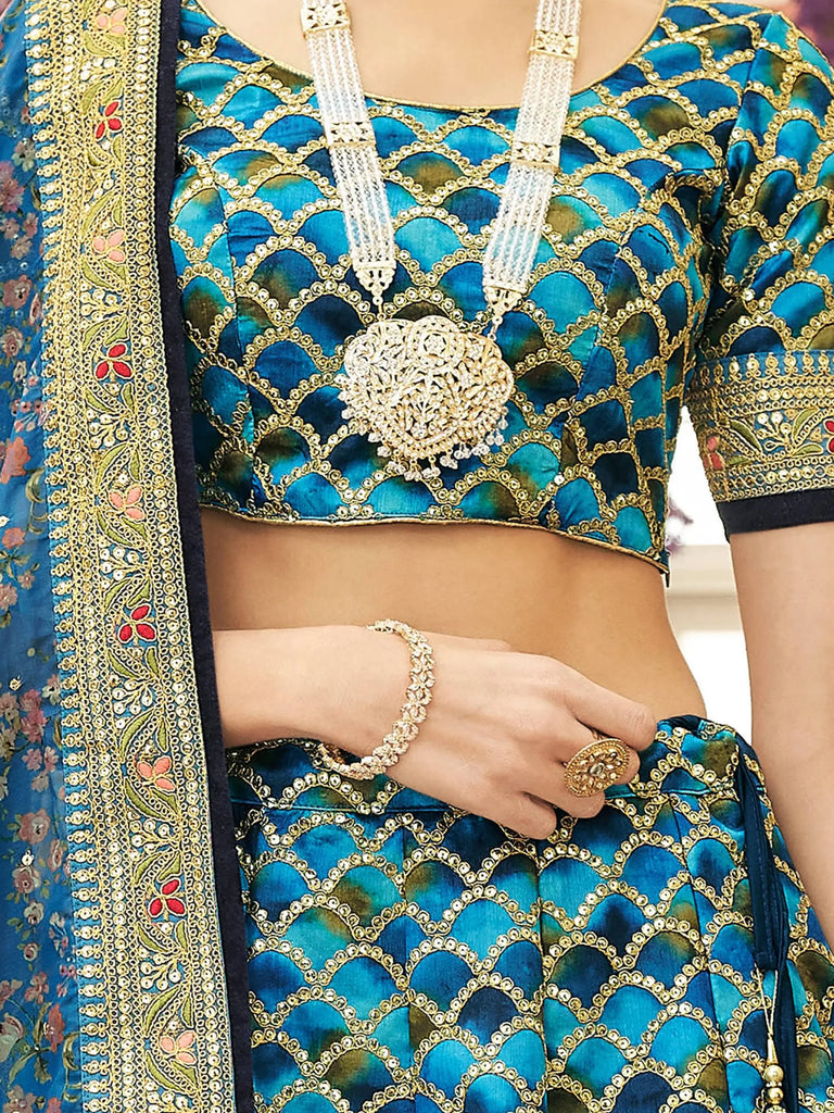 Spectacular Blue Sequins Work Art Silk Wedding Lehenga Choli