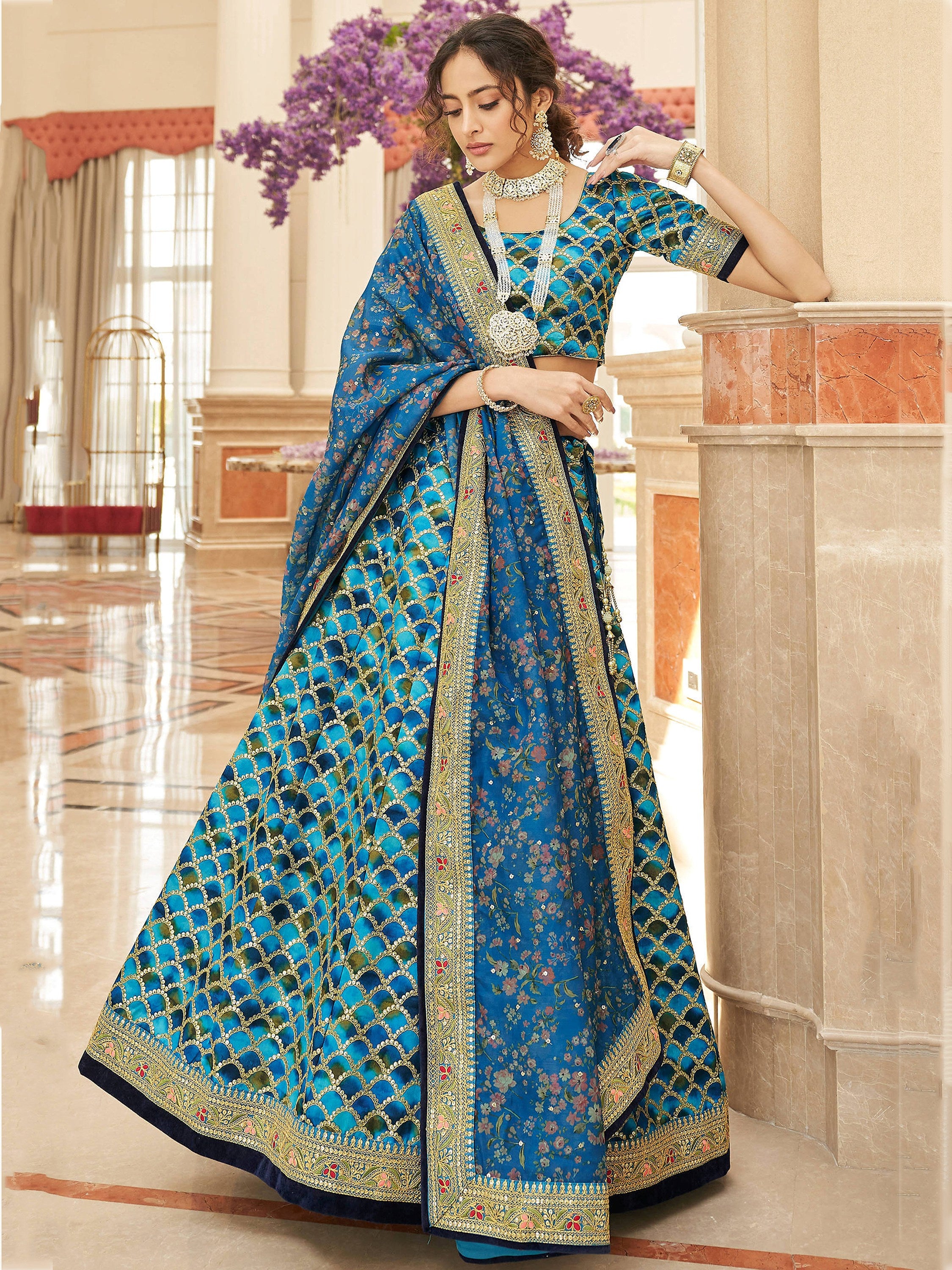 Elegant Blue Embroidered Silk Sangeet Wear Plus Size Lehenga Choli