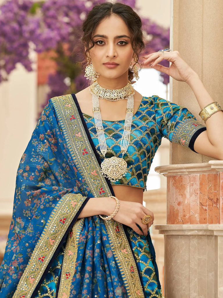 Spectacular Blue Sequins Work Art Silk Wedding Lehenga Choli