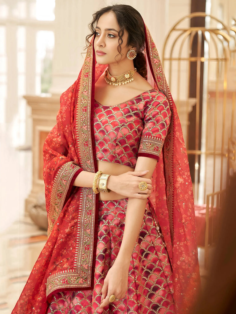 Astonishing Red Embroidered Art Silk Bridesmaid Lehenga Choli