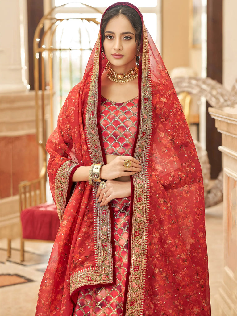 Astonishing Red Embroidered Art Silk Bridesmaid Lehenga Choli