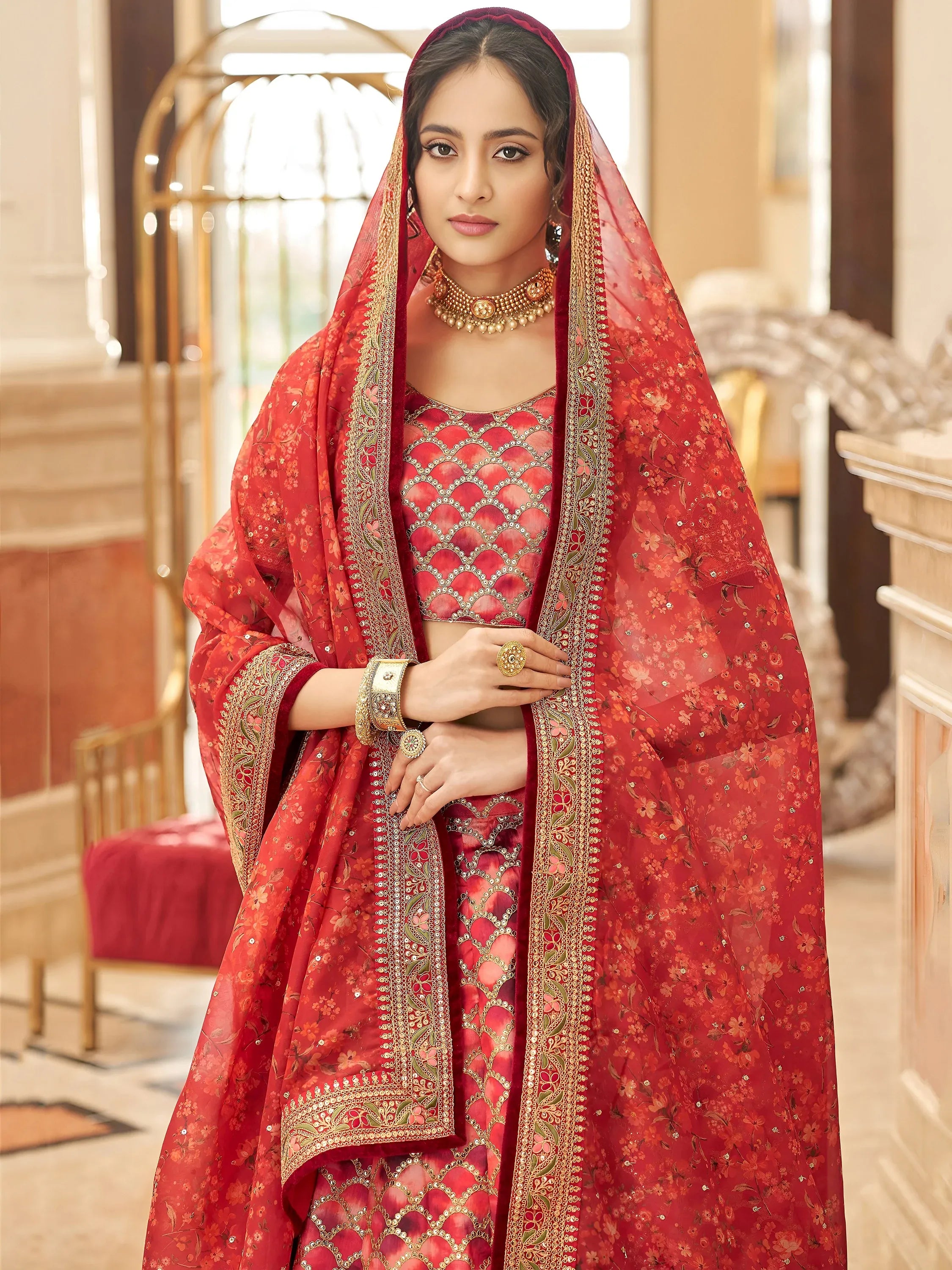 Astonishing Red Embroidered Art Silk Bridesmaid Lehenga Choli