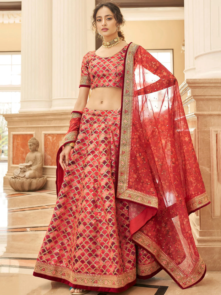 Astonishing Red Embroidered Art Silk Bridesmaid Lehenga Choli