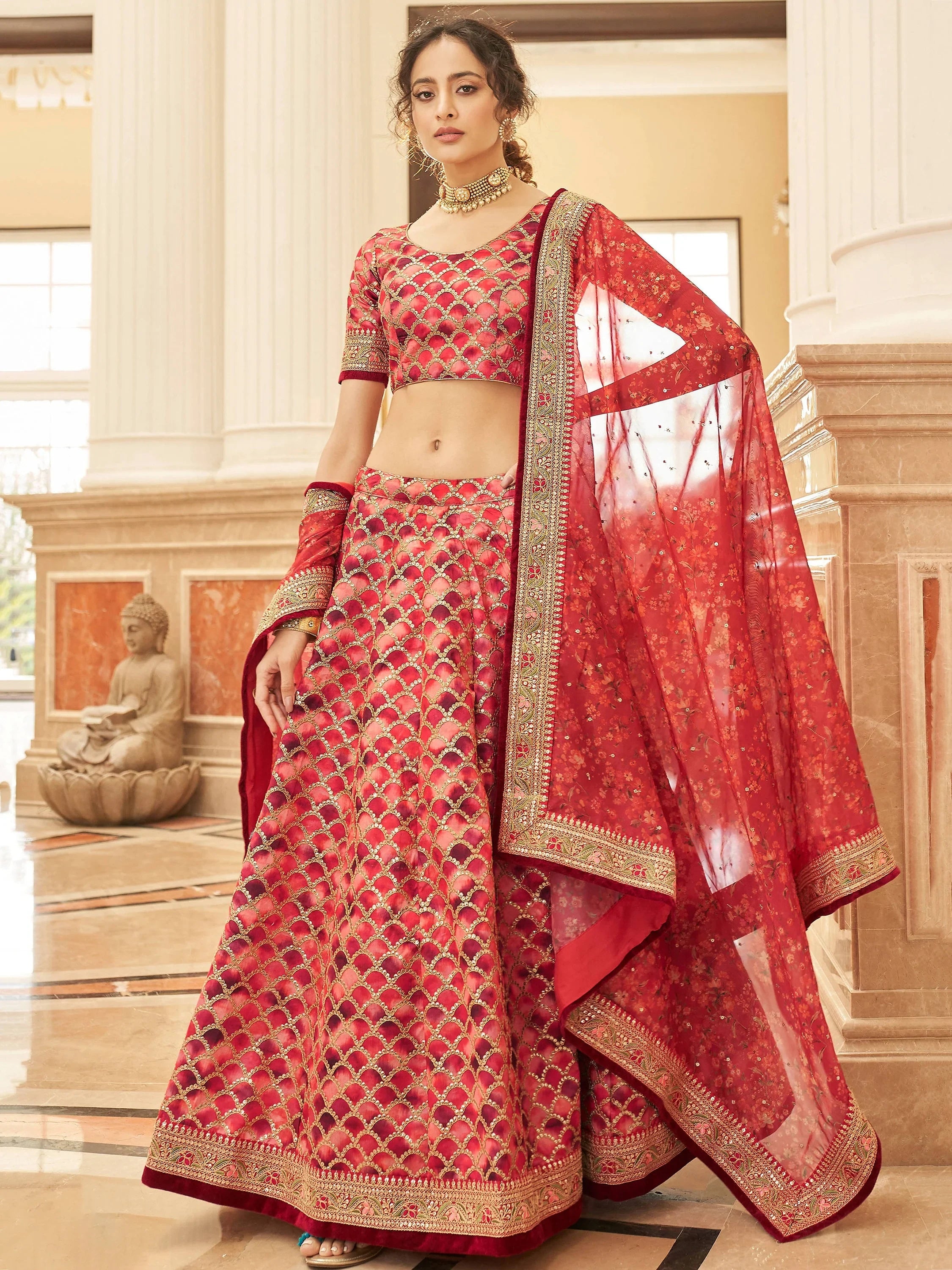 Alluring Red Embroidered Silk Function Wear Plus Size Lehenga Choli