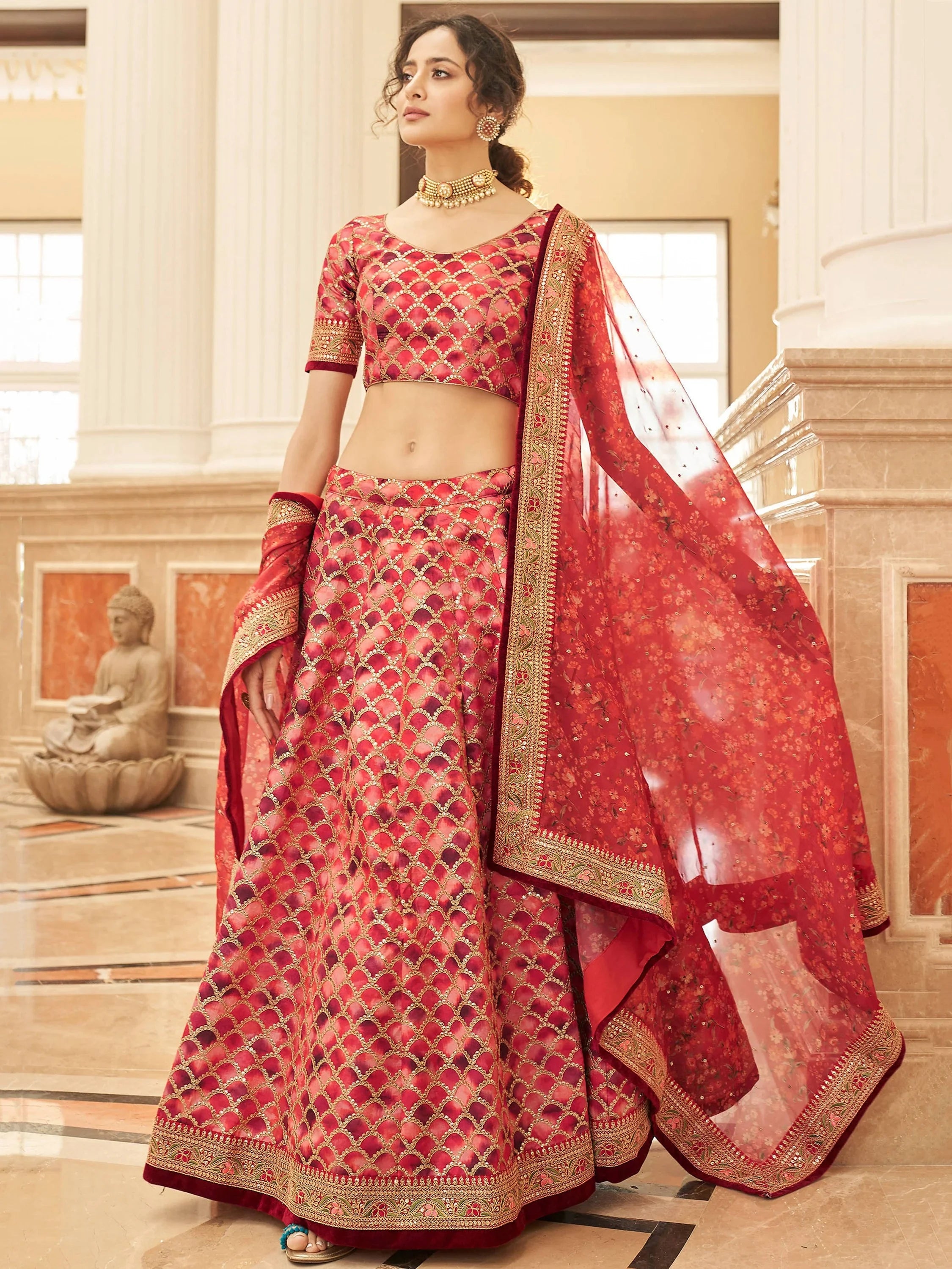 Alluring Red Embroidered Silk Function Wear Plus Size Lehenga Choli