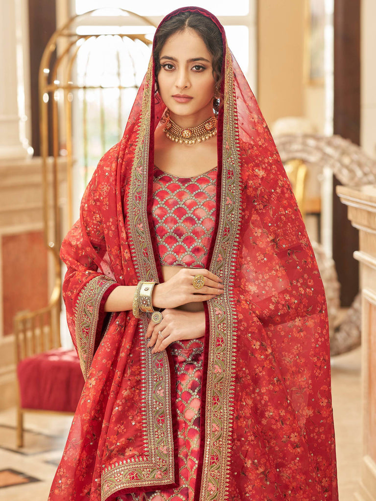 Astonishing Red Embroidered Art Silk Bridesmaid Lehenga Choli